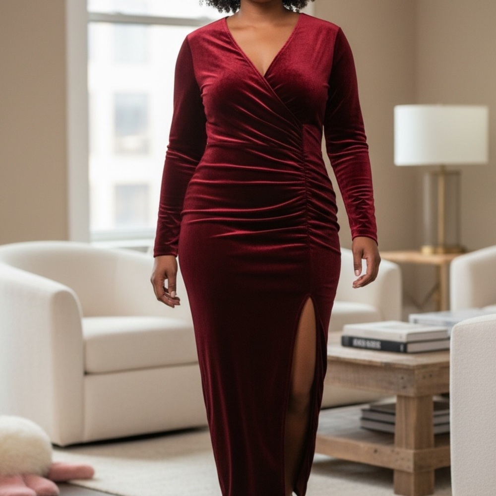 Red Velvet Maxi Dress Bodycon Sheath with Side Ruching & Slit | V-Neck XL